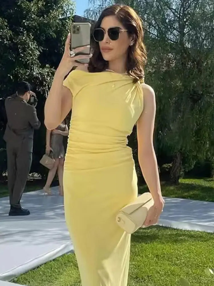 TRAFZA Elegant Yellow Dress For Women Sleeveless Draped Midi Dresses Sexy Off Shoulder Evening Y2K Summer Holiday Vestidos 250520