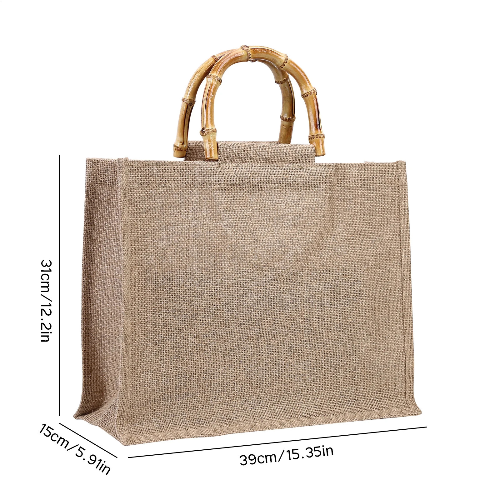 Creative Linen Beach Tote Bags for Women Bamboo Handle Reusable for Grocery Shopping Gift Packaging Top-Handle Bag 250516