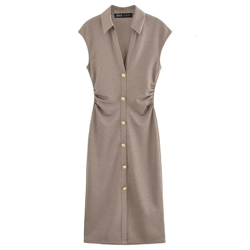 TRAF Sleeveless Solid Long Dresses Woman Summer Ruched Elegant Party Bodycon Shirt Midi Dress Office Holiday 250520