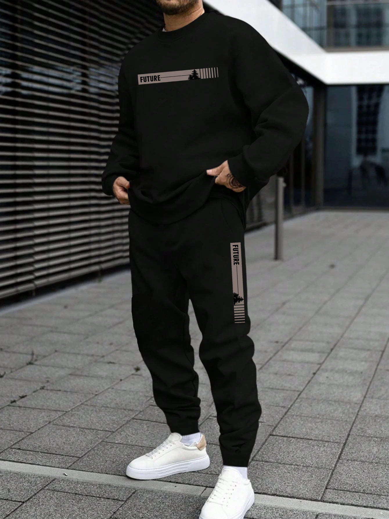 Mens Autumn and Winter Set With Future Print Casual Long Sleeve Pants Two-pieces Suit Comfortable Sportswear Suit Crew Neck 250517