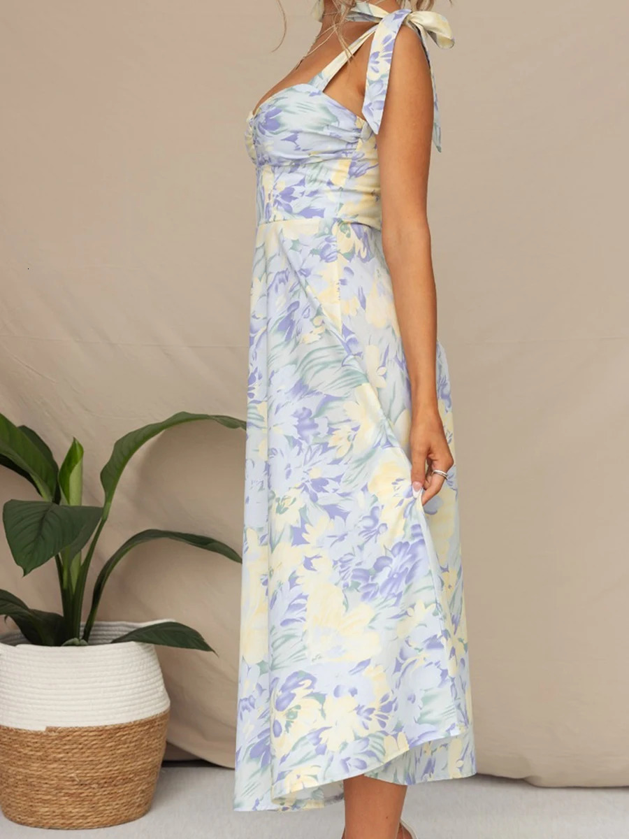 Women Sling Dress Sleeveless Lowcut Tieup Flower Print Summer Long for Cocktail Party 250520