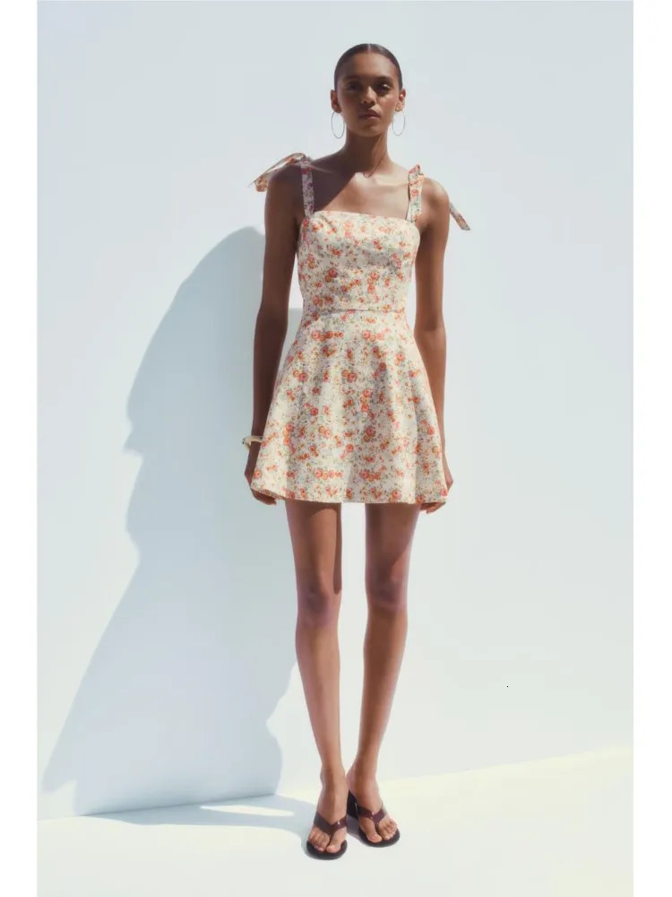 TRAF Women Floral Print Short Dress With Bow Sexy Backless Sleeveless Beach Style Womens Wave style Hem Female Dresses 250520
