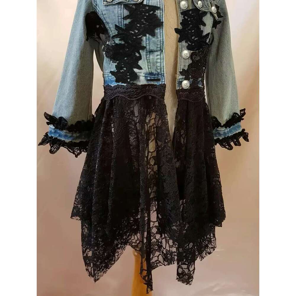 Lapel Women Lace Hook Flower Hollow Out Patchwork Frayed Edges Hole Denim Jacket Autumn Streetwear Jean Coat 2024