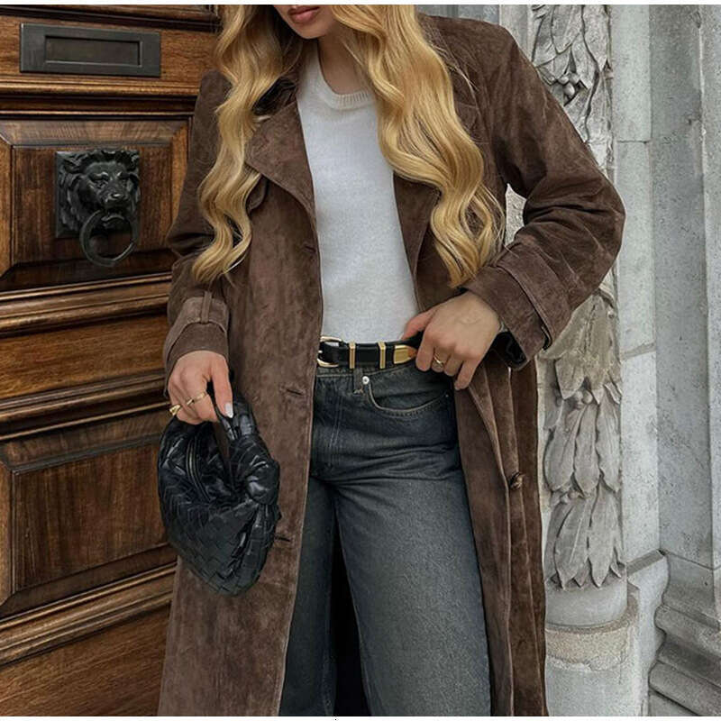 Tie up waist long coat, European American fashionable women's autumn and winter temperament elegant double breasted New Year's casual versat