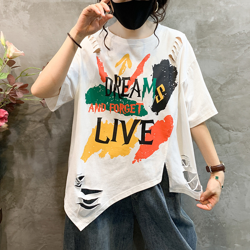 Designer Clothing Plus Size Women's Ripped Top Fashionable Loose Casual Letter Graffiti Short Sleeved T-shirt For Women 2025 New Style