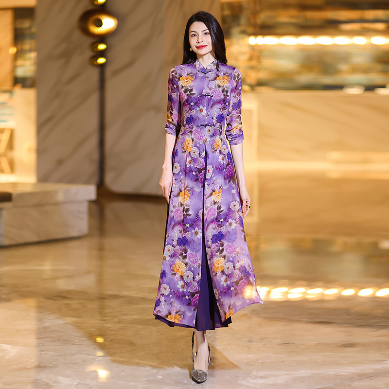 summer chinesestyle cheongsam maxi dresses for women exuding highend elegance and graceful with short sleeves printed chiffon fabric and a onepiece de