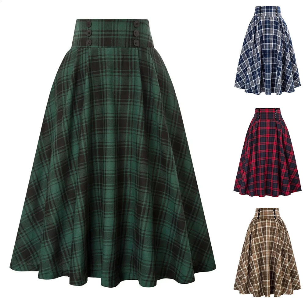 SISHION 2025 Autumn A Line Swing Buttons Long Midi Vintage Skirt SS0037 Red Green High Waist Plaid Skirts for Women Jupe 250513Z