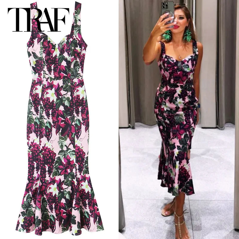 TRAF Womens Print Slip Dresses Summer Elegant Party Evening Fruit Sleeveless Backless Vestidos Floral 250520