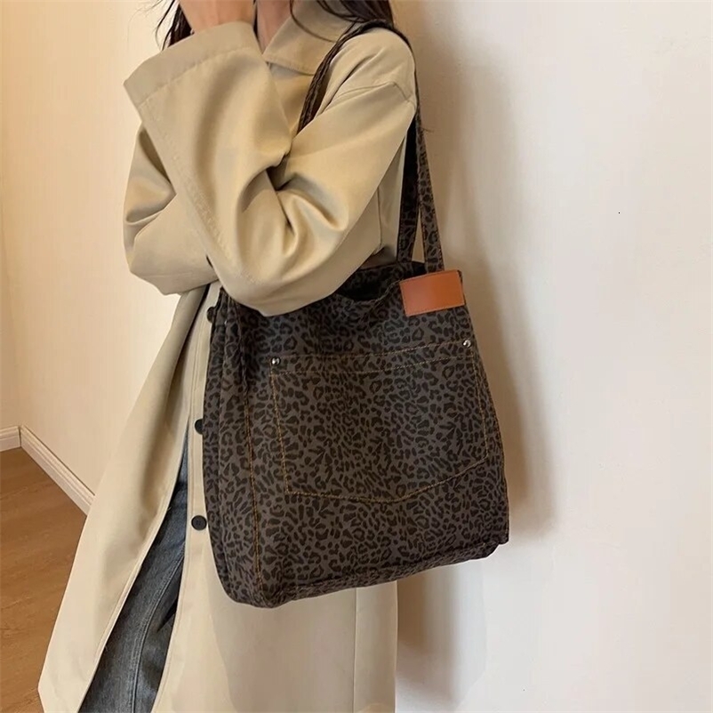Leopard Pattern Tote Bag Vintage Canvas Shoulder Bag Fashion Big Capacity Handbag For Shopping 250519