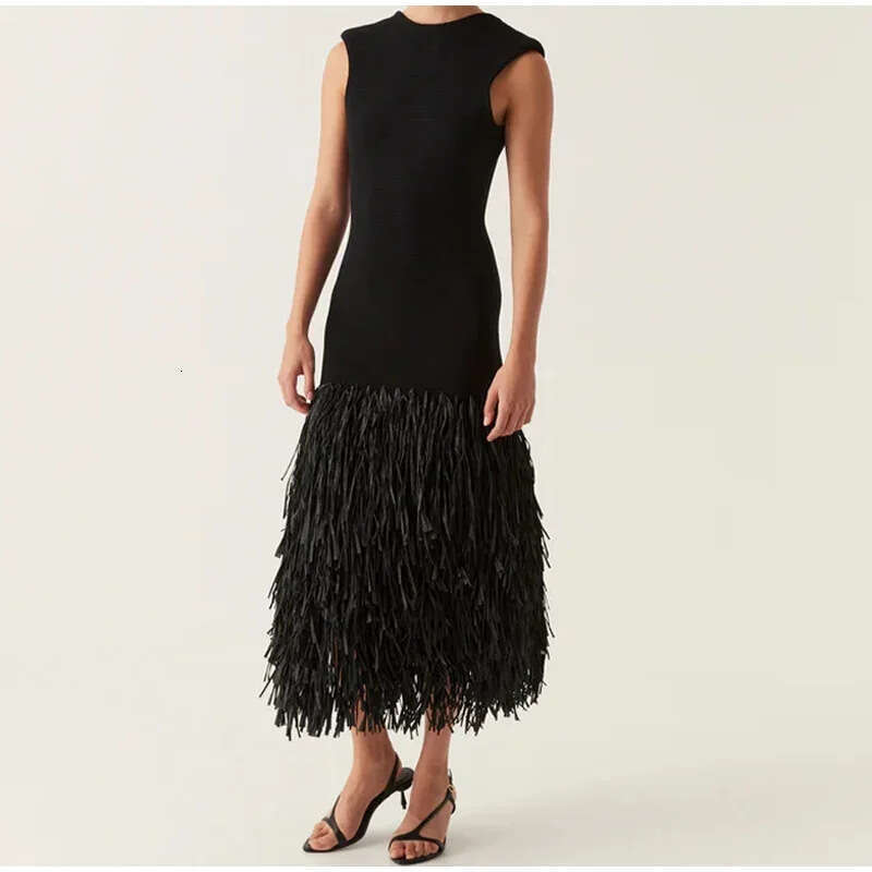 European and American Spring/Summer Women's Personalized Street Solid Color Lafia Splicing Knitted Medium Long Dress 2025 Temperament Versatile N