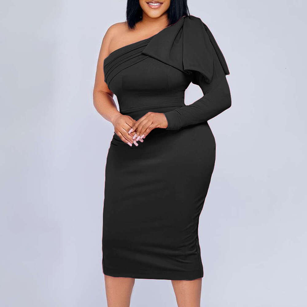 Women's Wear Large Women's New Slant Neck Solid Color Fashion Wrap Hip Sexy Dress