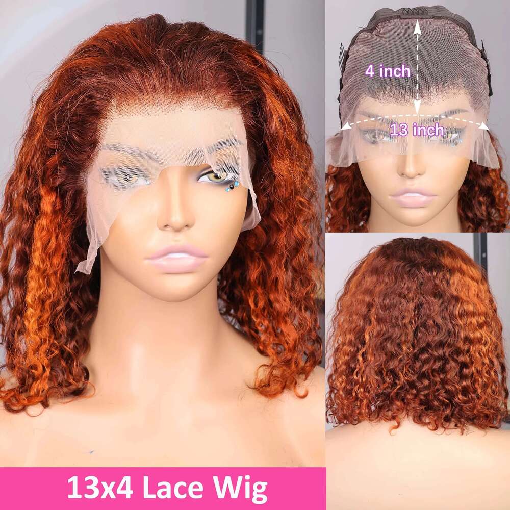 Ginger Orange Brown Colored Water Wave Bob Transparent 13x4 Lace Front Human Hair Wig For Women P4/350 Highlight Curly Wigs