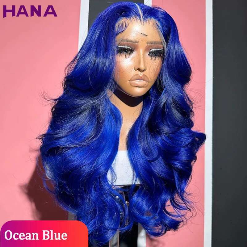 Midnight Blue Color Transparent 13x4 13x6 Body Wave Frontal Wig Pre-Plucked Remy 5x7 Lace Closure Human Hair Wavy Wigs