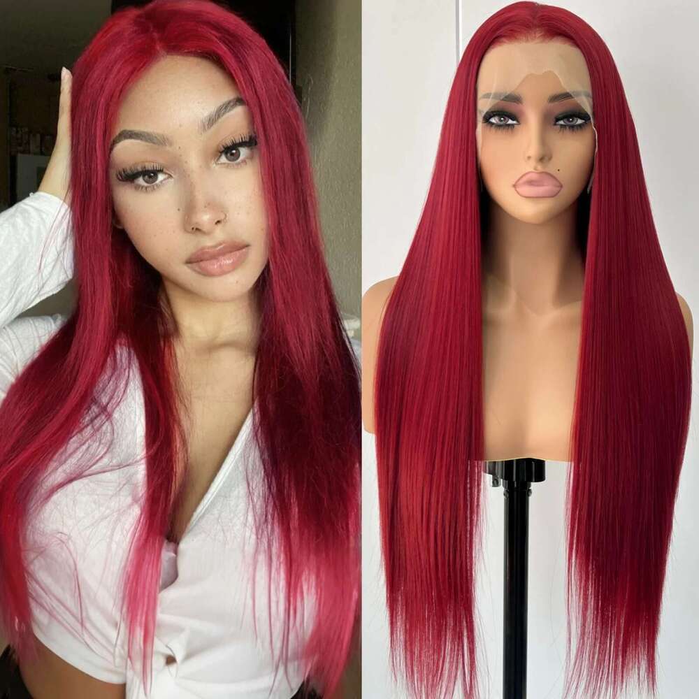 Long Red Women Silky Straight Synthetic Hair Free Part Wine Bury Colored Heat Resistant Fiber Wigs for Daily Party