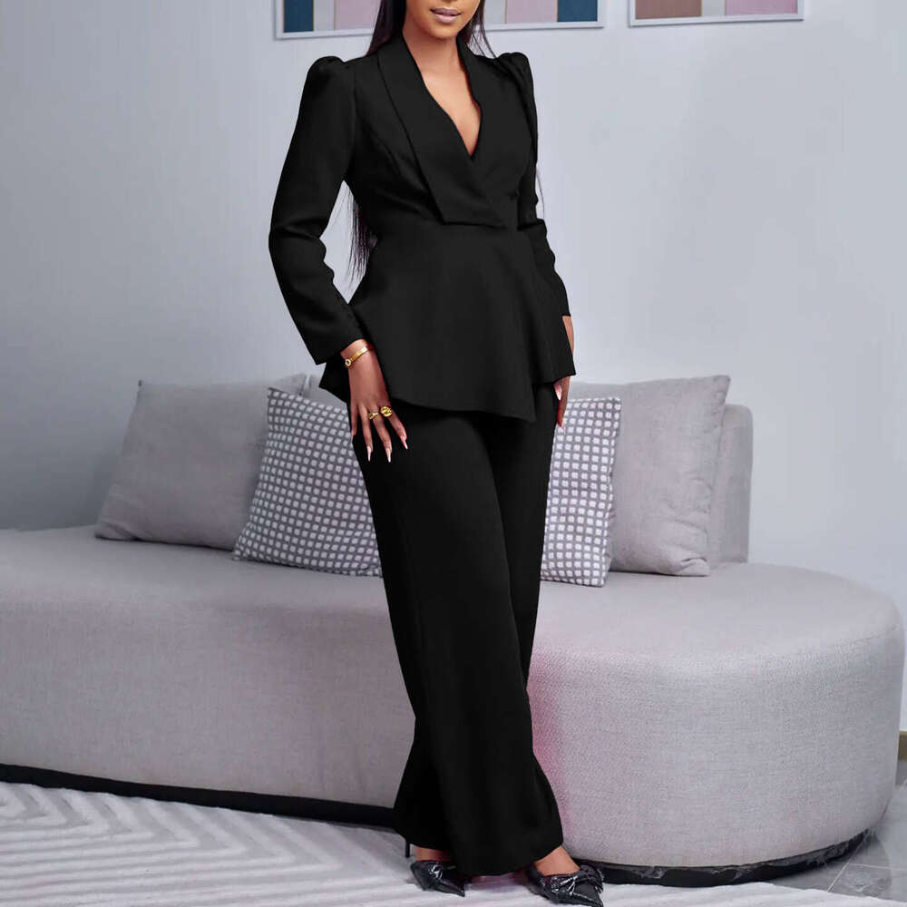 Women's Wear D3315 Women's New Fashion Style Elegant OL Lotus Leaf Edge Sleeve Top Wide Leg Pants Set