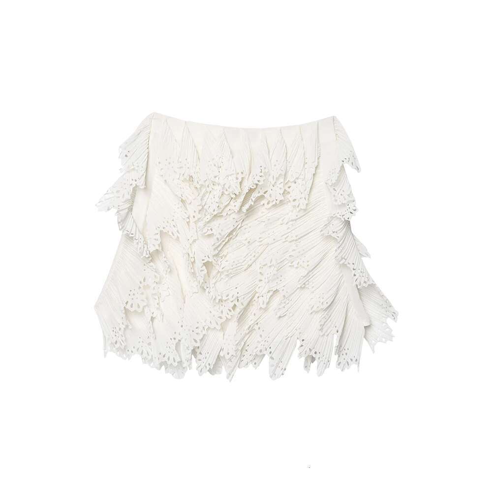 INS Fashion Sweet White High Waist Side Zipper Hollow Out Pleated Design Women Mini Solid Skirt ZATT 2025 Spring New