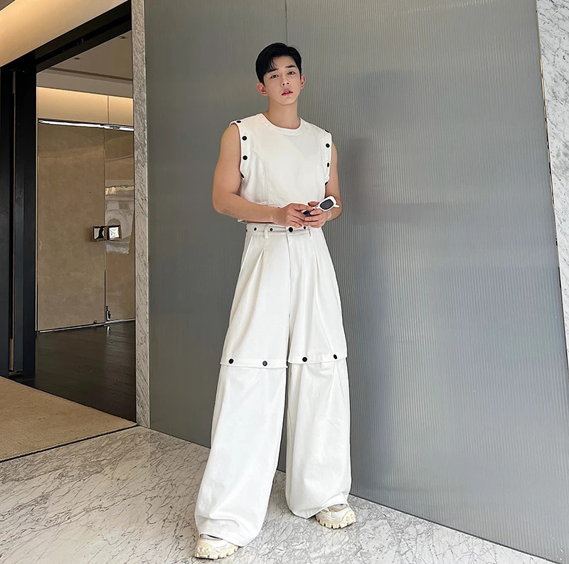 Summer Rivet Sleeveless Vests Mens Detachable Wide-Leg Pants 2PCs Trendy Handsome Male Waistcoat Two-Piece Set 250519