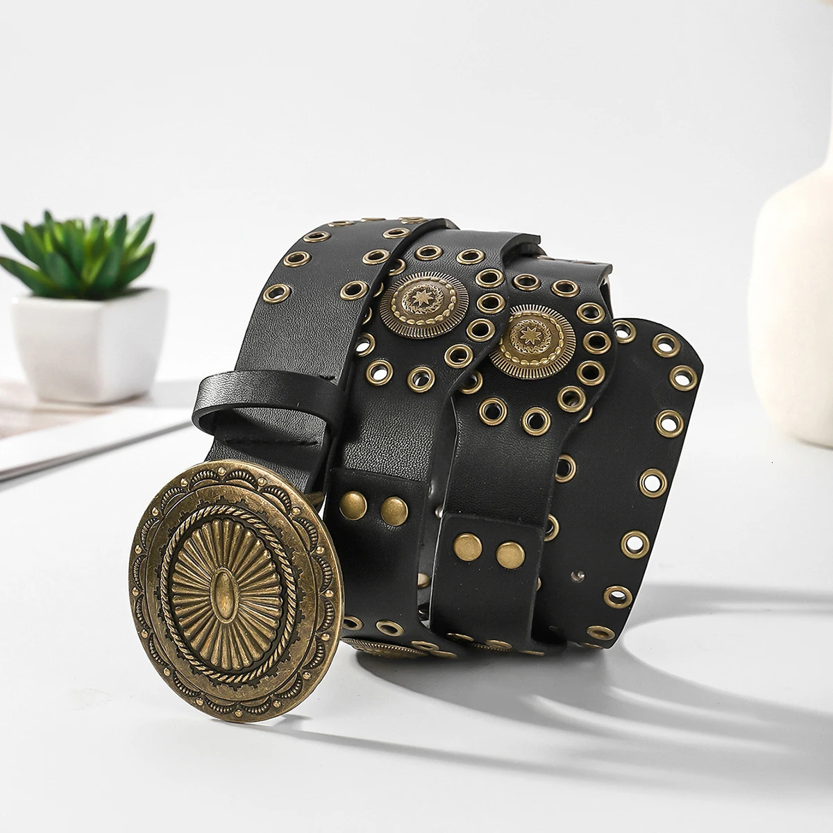 European and American retro buckle fashionable eyelet PU splicing characteristic waist belt 250519
