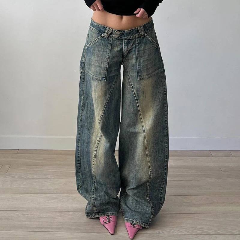 BIIKPIIK Vintage Washed Loose Fit Jeans Casual Denim Pants For Women Streetwear Pockets Straight Trousers Summer Bottom Clothing 250520