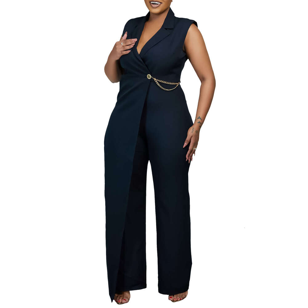 Women's Wear Women's Summer Sleeveless Suit Collar Elegant And Fashionable Solid Color Jumpsuit