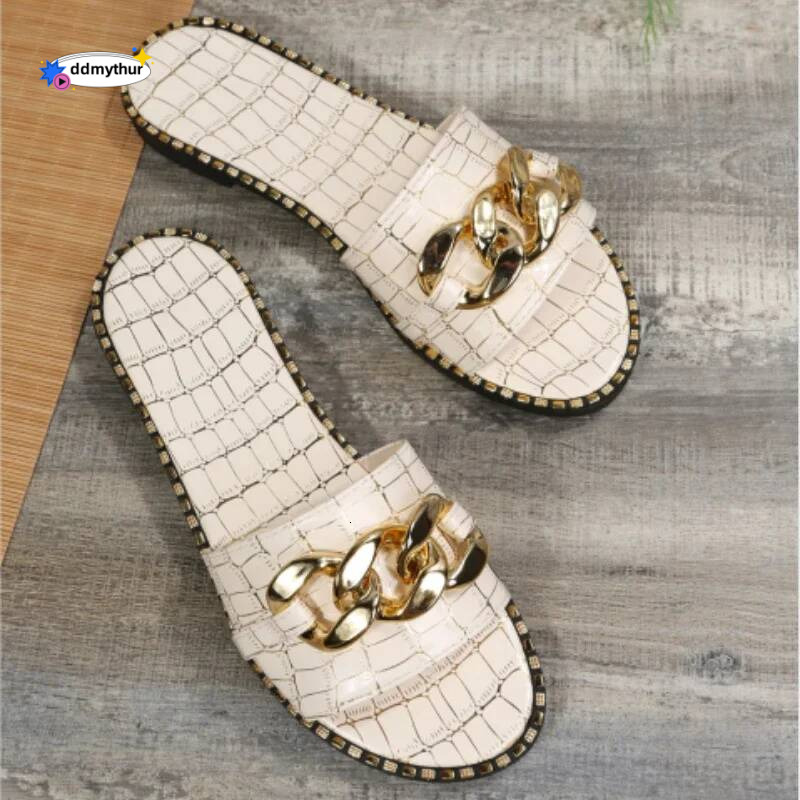 Plus Size 35-43 Leopard New European American Metal Chain Square Toe Flat Shoes Women'S Sandals Slippers ddmythur