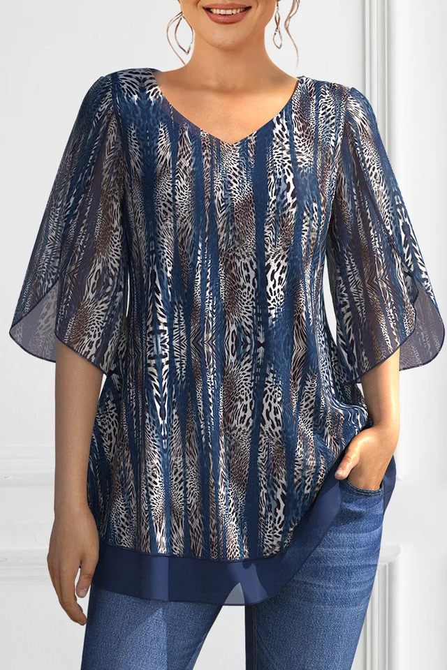 Summer Casual Tops Short Sleeve Women Blouse Plus Size Allover Leopard Print Cold Shoulder VNeck Blouses Loose Womens Clothing 250514