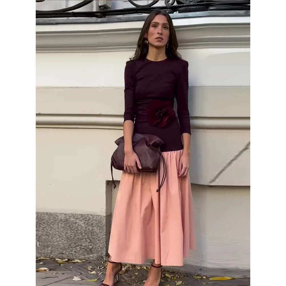 Fashion Contrast Splicing Pleated Long Dress For Women Casual Round Neck Loose Cropped Vestido 2025 Lady High Street Robe Spring Designer