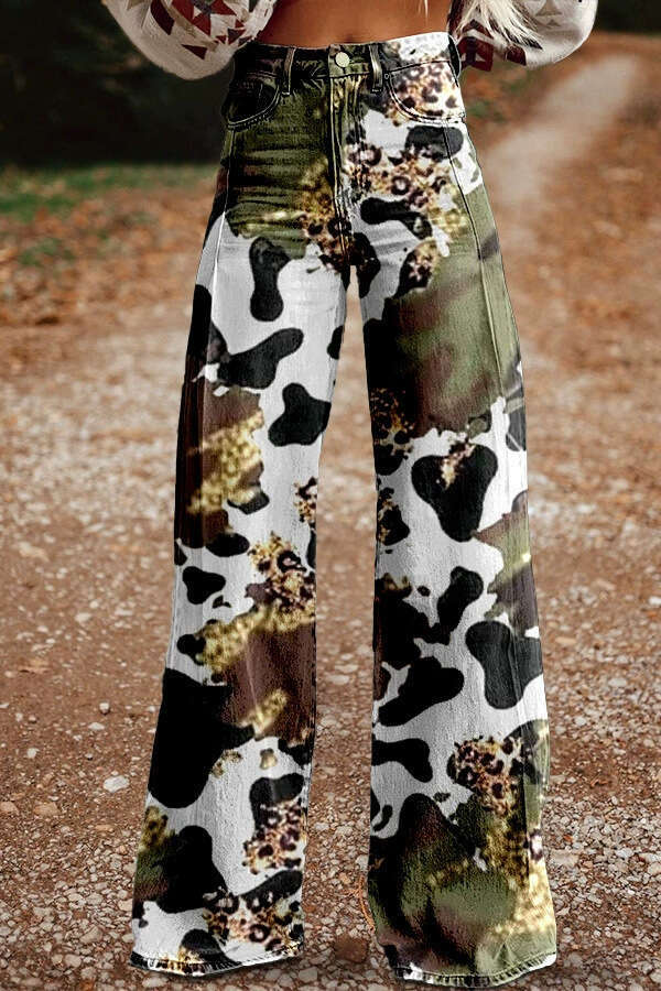 High-Waisted Wide-Leg Printed Stretch Jeans - Women's Casual Fashion Staple