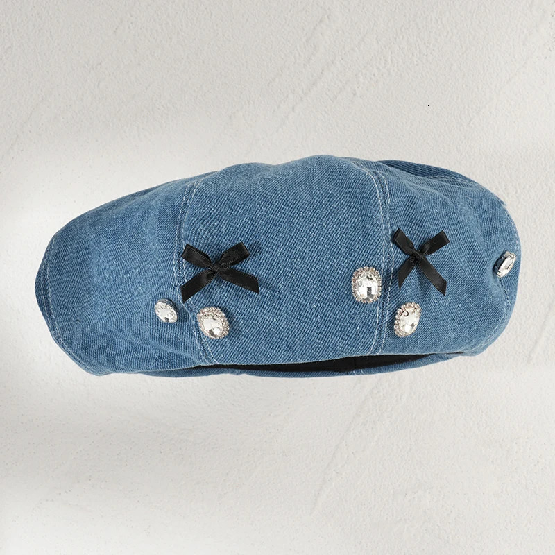 Mini Bows Rhinestones Buttons Beret Hats Womens Elegant Denim Artist Hat Fashion Soft Painters Cap Party Casual Pumpkin Cap 250520