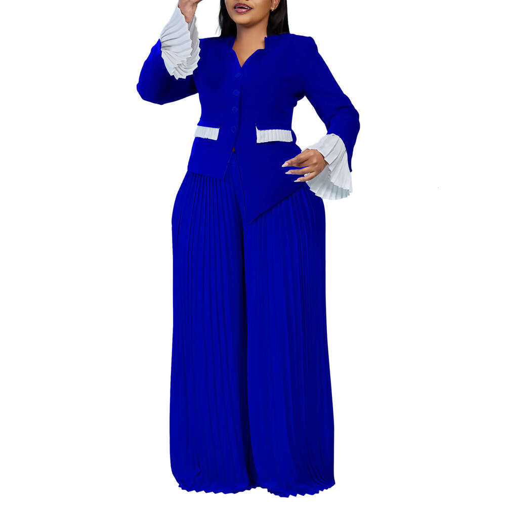 Women's Wear D3328 Plus Size Fashionable Women's Flared Sleeve Top, Pleated Wide Leg Pants Set, Color Blocked Two-Piece Set