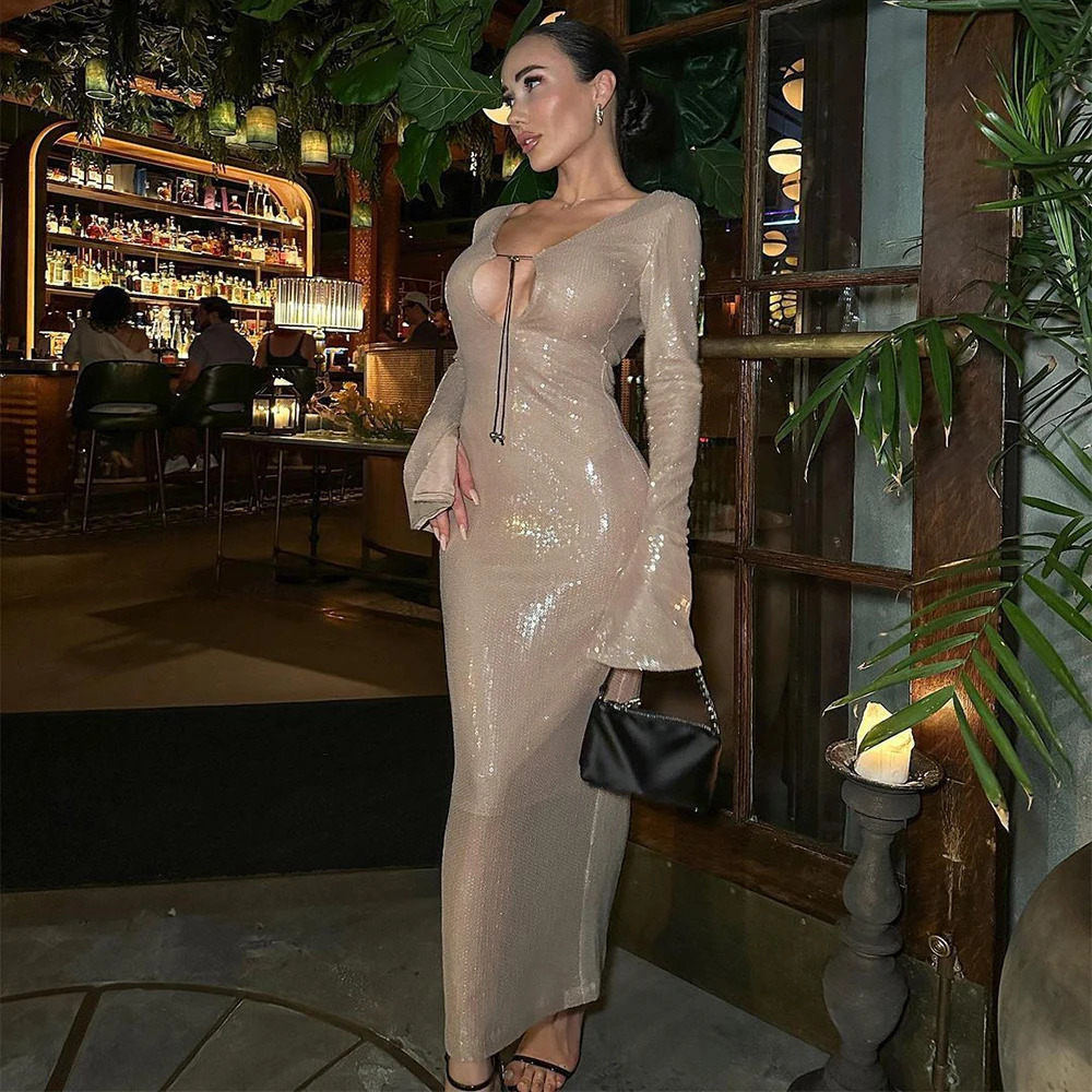 Elegant Deep V Sequin Long Sleeve Party Dress for Women Backless Lace Up Midi Dress Ankle Length Evening Dress Formal Gown Wear 250517