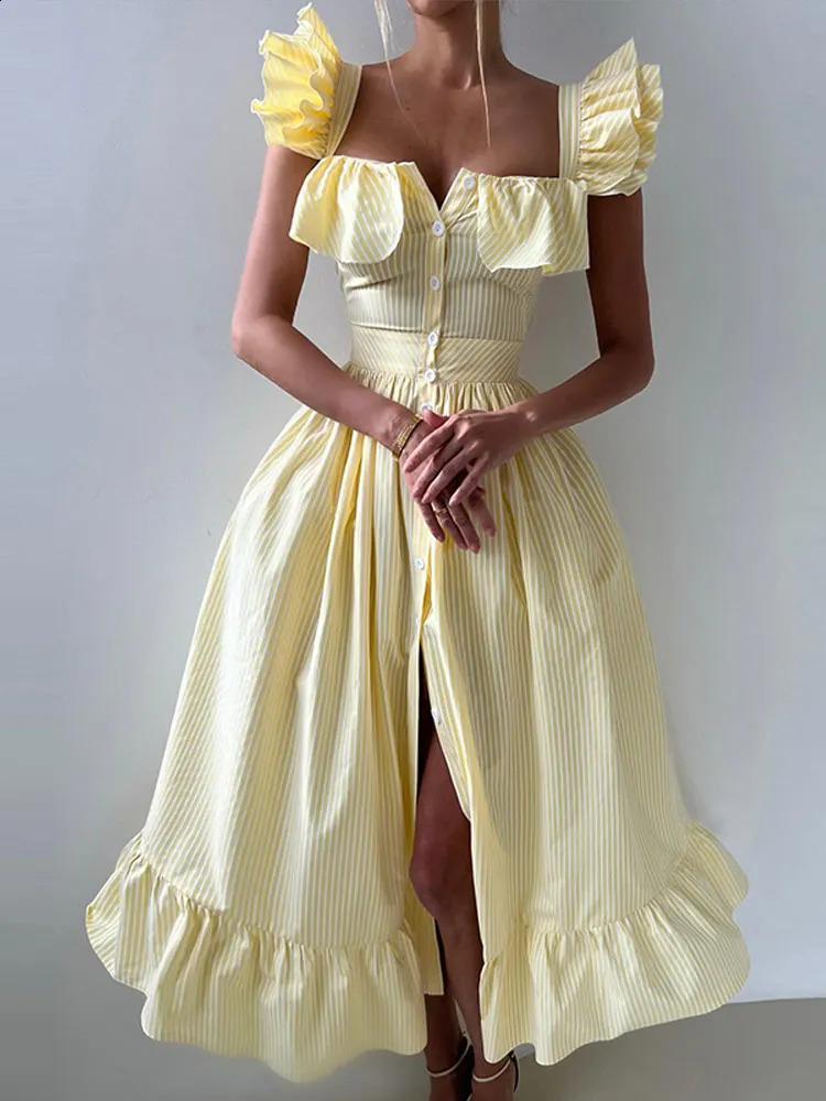 Flying Sleeves Striped Flounce Halter Dress Woman Waist Cinching Single Breasted A-Line Robes Chic Fashion Womens Long Dresses 250519