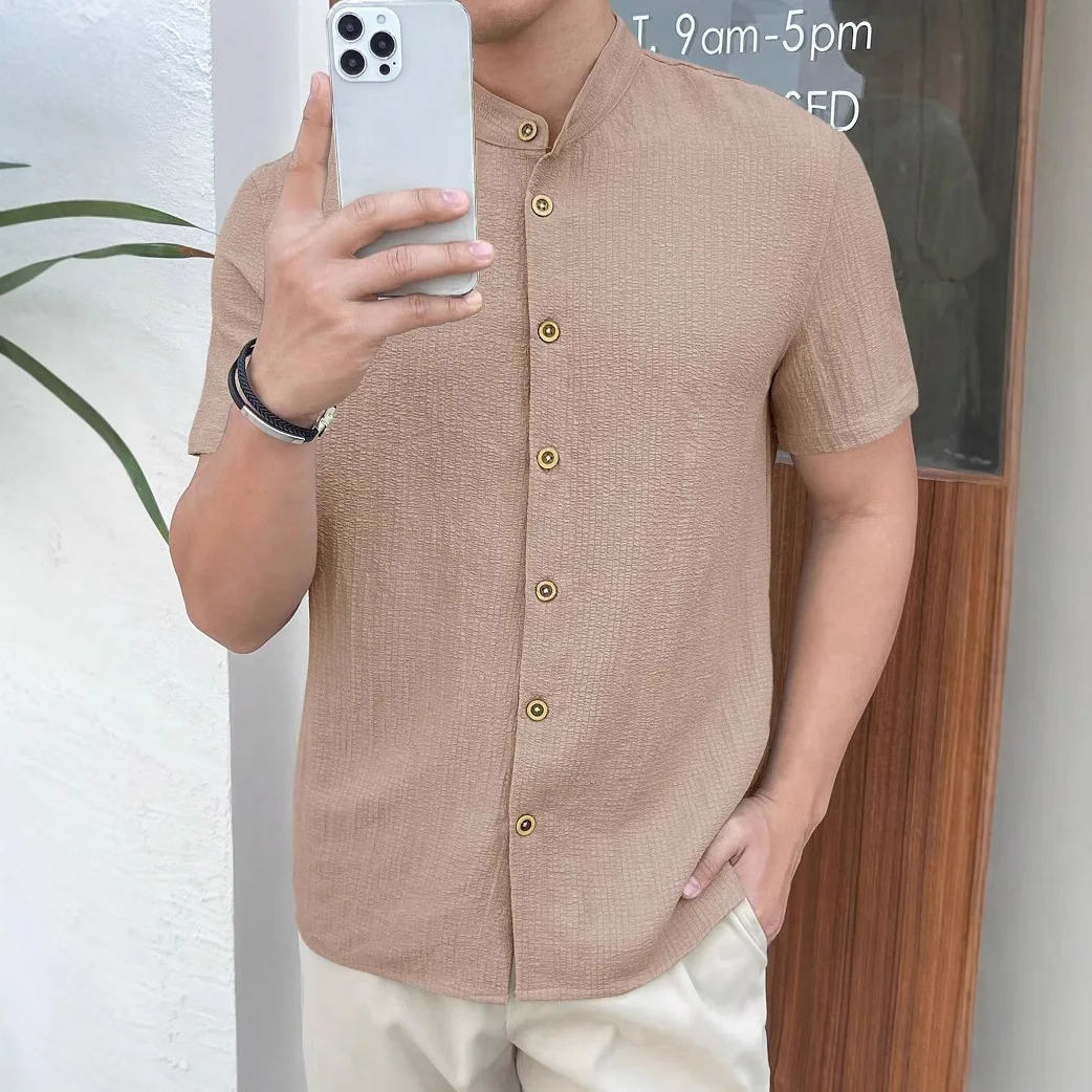 Men Loose Knit Solid Color Casual Short Sleeve Shirt 250520