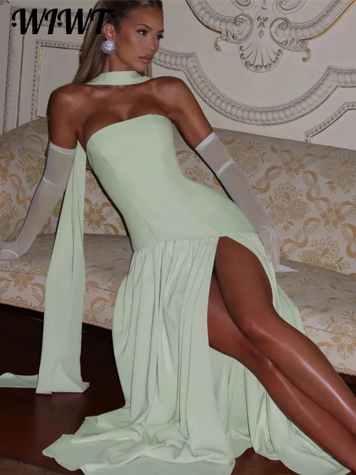 Fashion Patchwork Split Strapless Dress Womens Elegant Sleeveless Backless Long Dress 2025 Summer Lady Evening Party Robes 250519