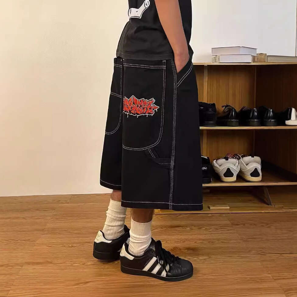 WEXWEAR High Street Skateboarding Pattern Embroidered Hiphop Cowboy Mid Pants