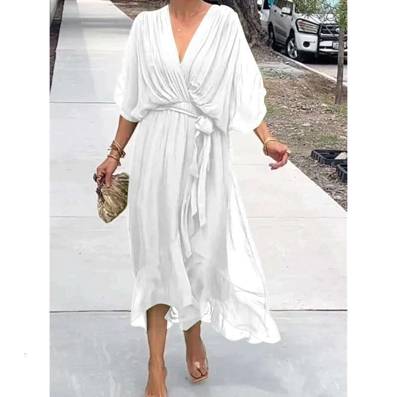 Dress Designer Summer Dresses Partydress June Buttock Womandress 2025 New Womens Solid Color Lace Up Long Skirt with Bat Sleeves Style Dress in Plus S