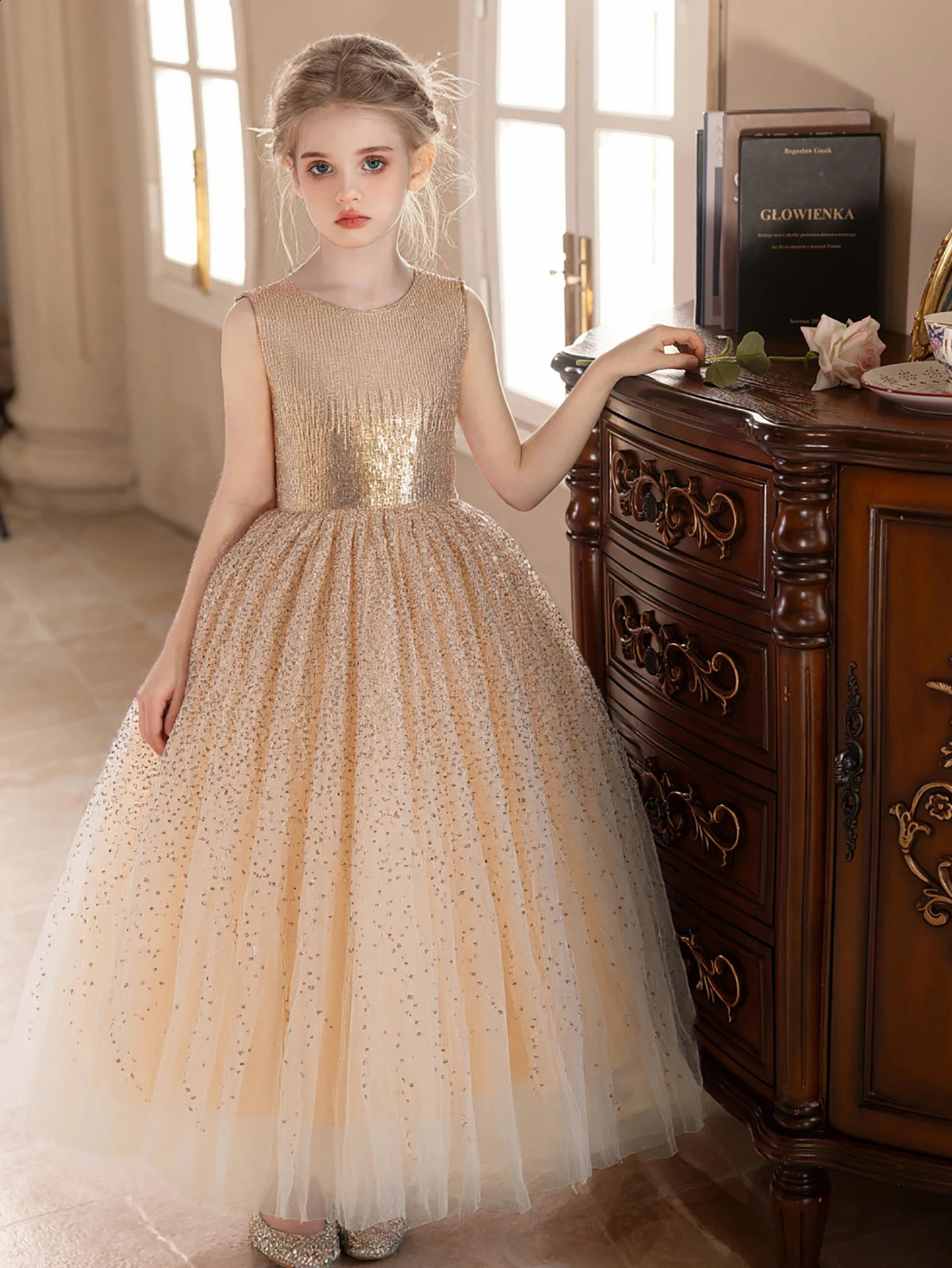 Girl Princess Dress High-end Champagne Sequined Dress for Girls Wedding Birthday Party Puffy Gauze Skirt Bridesmaid Dresses 250519