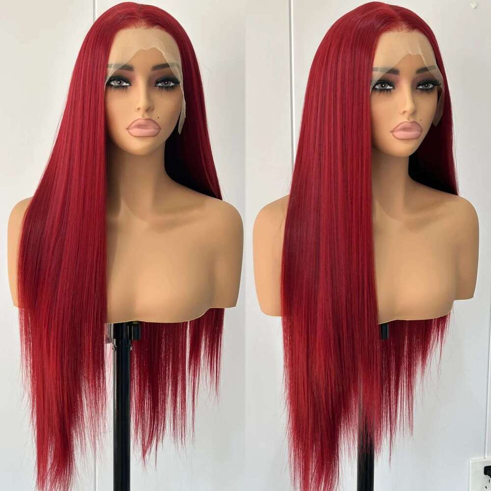 Long Red Women Silky Straight Synthetic Hair Free Part Wine Bury Colored Heat Resistant Fiber Wigs for Daily Party