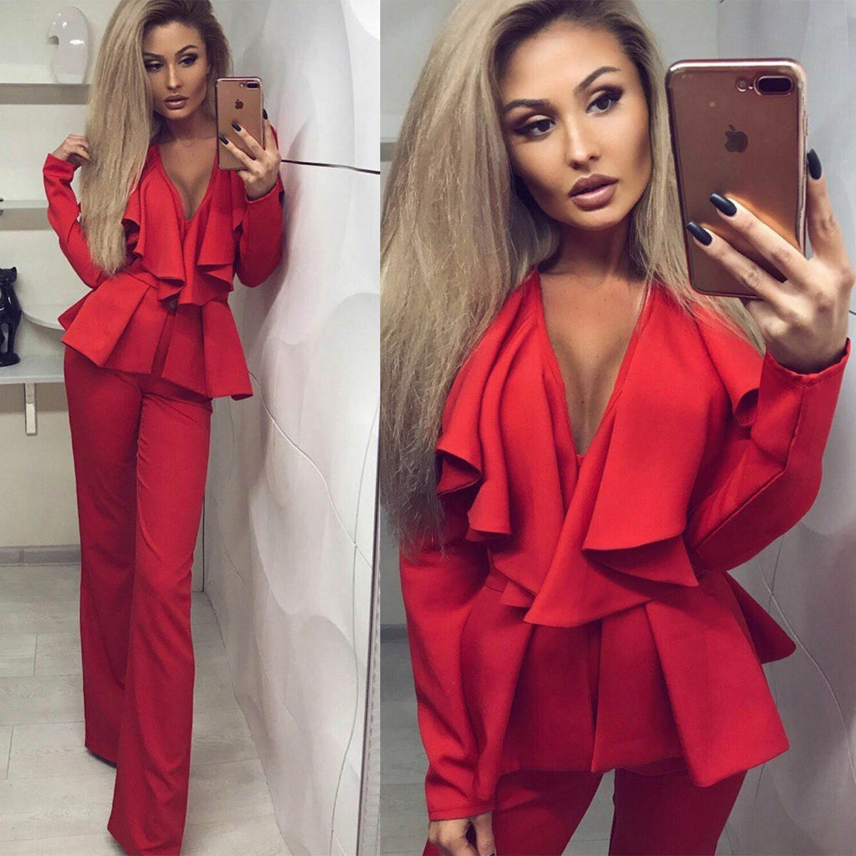 Red Mother Of The Bride Dress V Neck Long Sleeve Pleats Blazer Sets Customized 2 Pieces Women Pants Suits