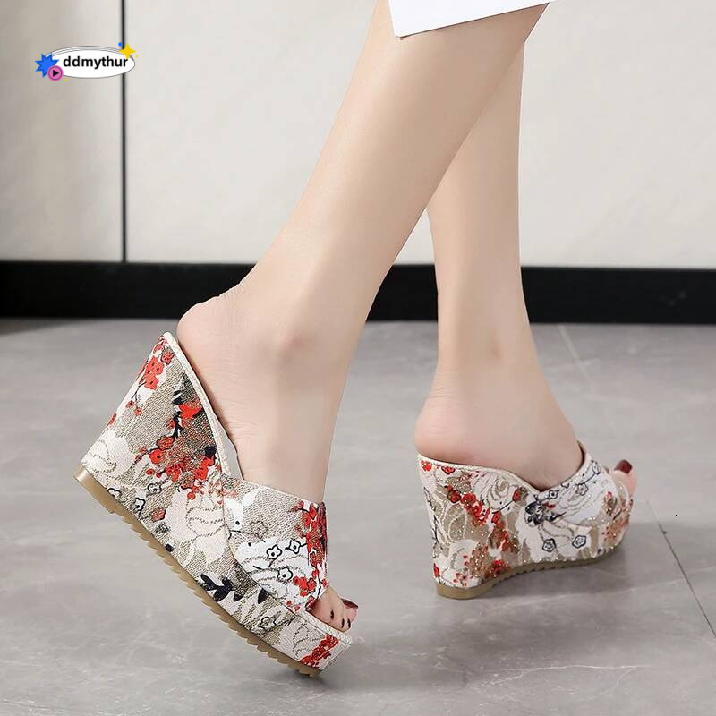 Women Fashion Shoes Casual Flip Flops Summer Vintage Floral Print Peep Toe Wedge Slippers Zapatos De Mujer ddmythur