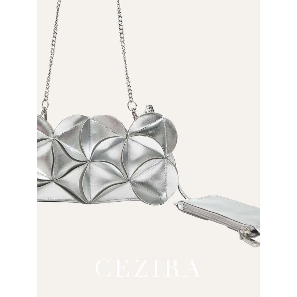 CEZIRA Metallic PU Leather Women Fashion Phone Petal Patchwork Shoulder Crossbody Bag Coin Purse Square Chic Chain Party Y2K