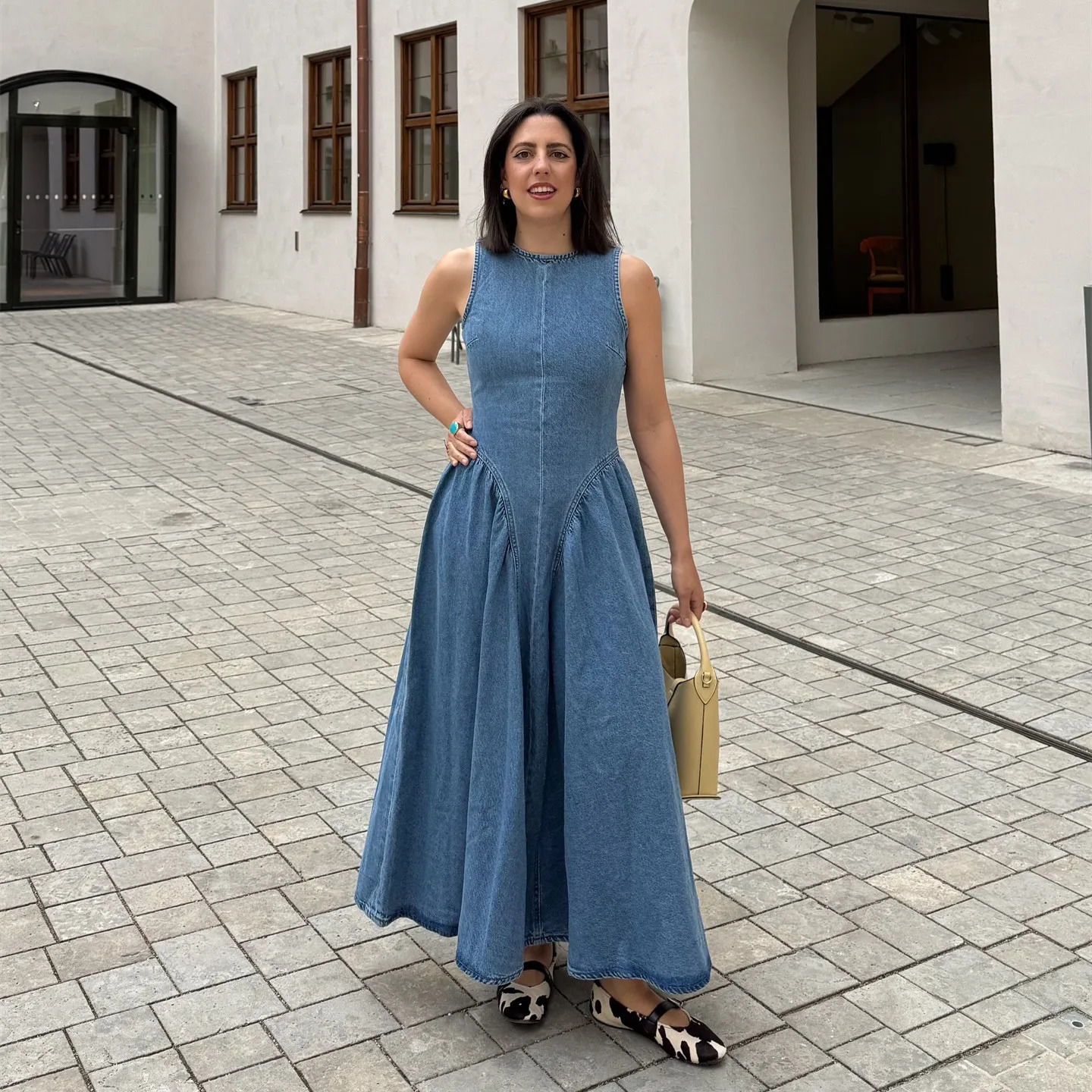 PB ZA back hollow quality simple loose hem denim skirt Aline dress long summer womens clothing 250520