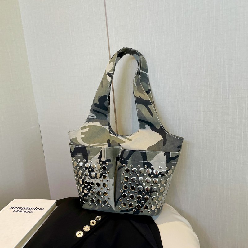 2025 Rivet Women's Fashion Shoulder Water Bucket Underarm Bag PU Leather Handbag