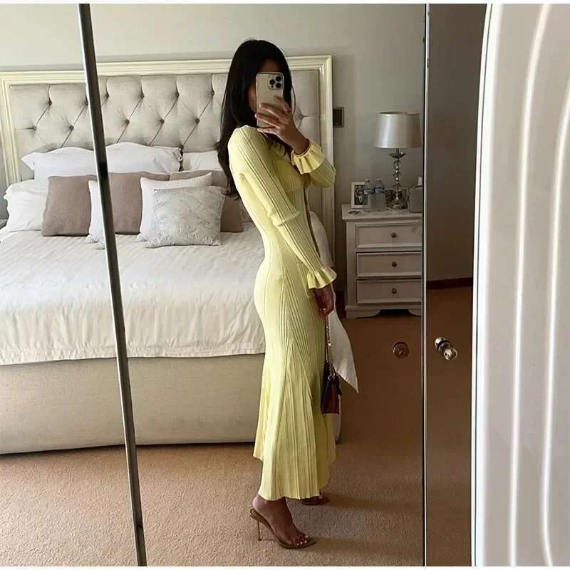 Winter Knitted Dress Women 2024 New Sleee Ruffles Single Breasted Long Dresses Female Party Fashion Sweater Vestidos Designer