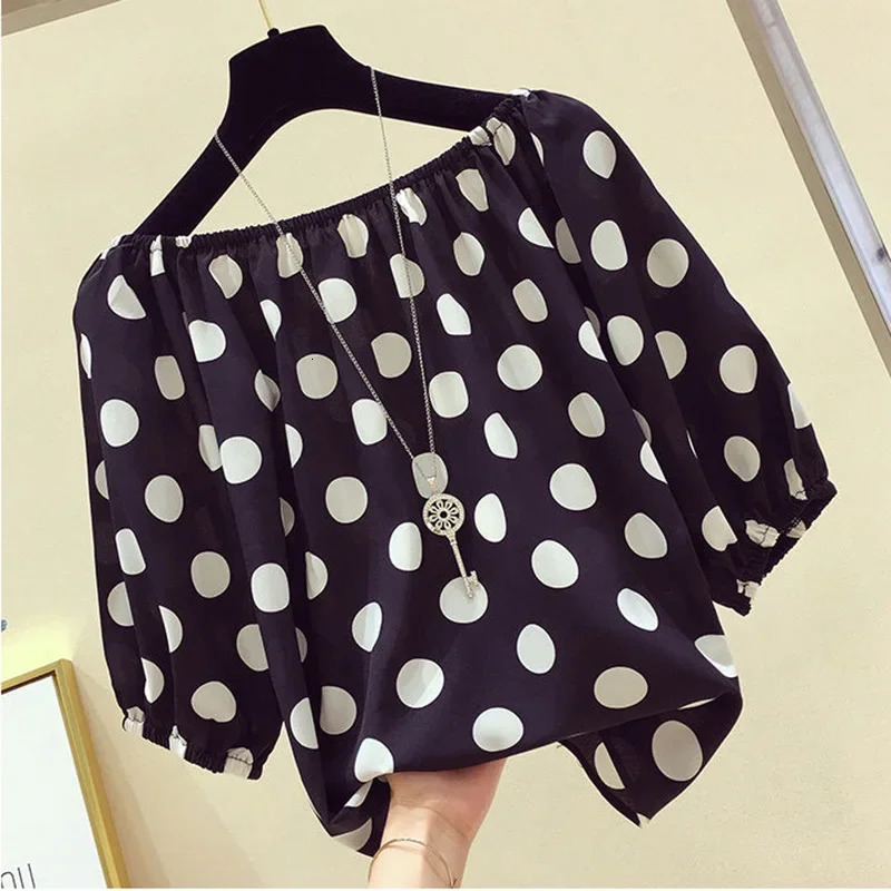 Red Polka Dot Print Chiffon Slash Neck Short Sleeve Loose Womens Blouse Shirt Korean Fashion Female Clothing Tops Summer 250520