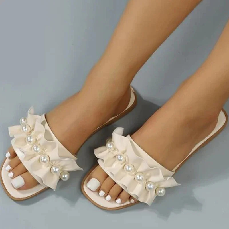 Women Slides Faux Pearl Decor Ruffle Trim Sandals Open Toe Wear-resistant Flat Slippers Summer Sandy Beach Sandals Women Shoes 250516