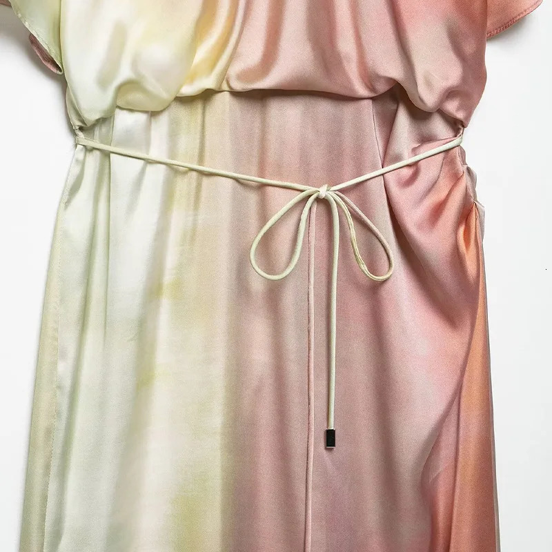 Willshela Women Fashion With Belt Tie Dye Pleated Side Slit Midi Dress Vintage ONeck Short Sleeves Female Chic Lady Dresses 250520