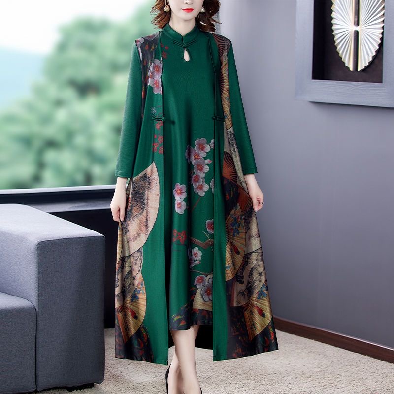 2025 plus size women's summer new slim print retro dress mid-length skirt D02382