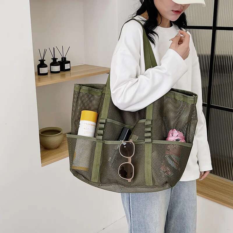 Large Capacity Canvas Beach Versatile Commuting Shopping Shoulder Lightweight Semi Transparent Mesh Hollow Bag