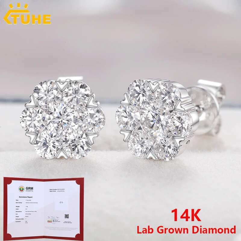 14K White Gold Stud Earrings For Women Men Honeycomb Flower Lab Grown Diamond Round Ear Studs Fine Wedding Birthday Jewelry Gift